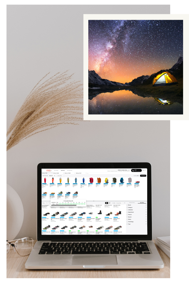 Outdoor Assortment Planner Graphic Graphic of a laptop with an outdoor assortment planner and a picture of a tent under starry sky