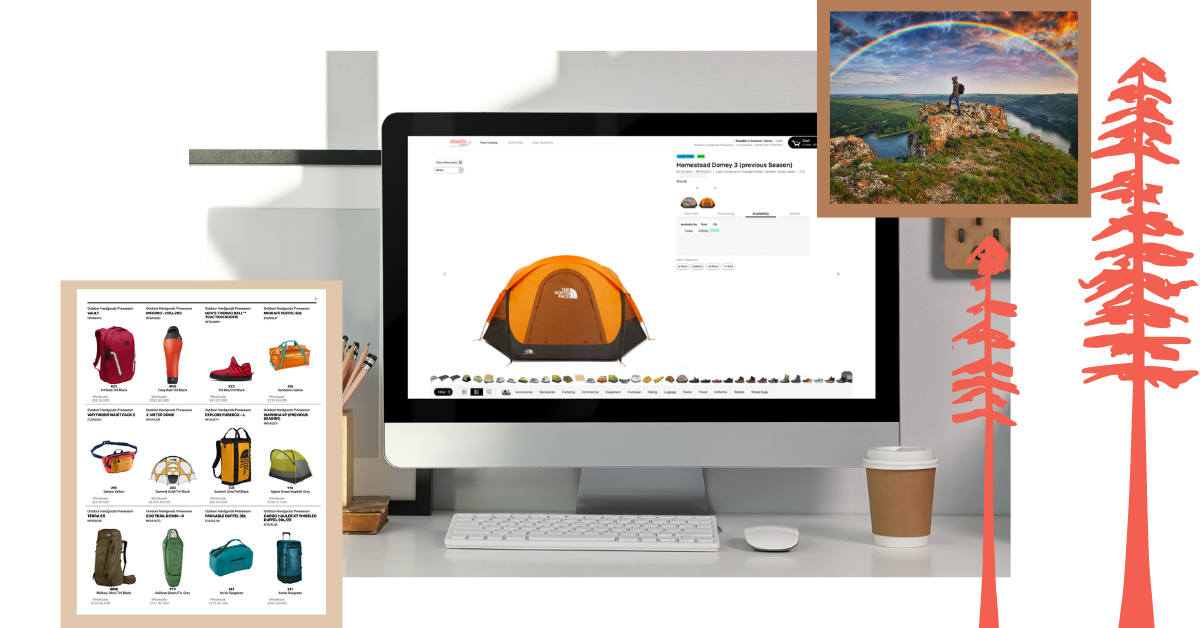 Outdoor placeit digital catalog ccb Collage of illustrated pine trees, hiker with a rainbow, Elastic CCB PDF and screenshot of Digital Catalog with tent