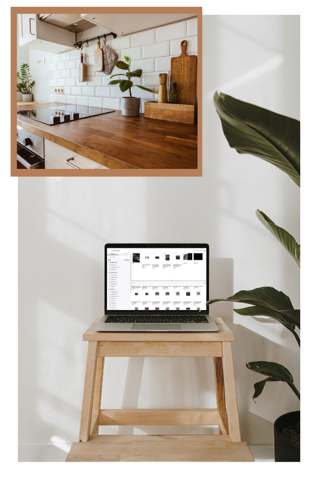 Laptop on stool with appliance package builder and decorative photo of kitchen counter